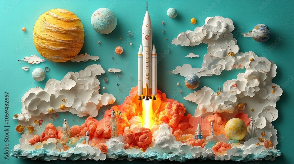 Wall mural spacecraft launch in paper art