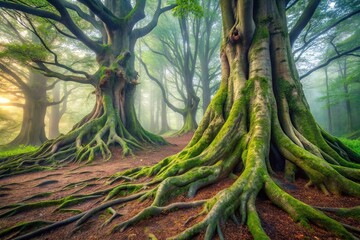 Ancient tree trunks with gnarled bark and twisted roots, set against a backdrop of misty forest foliage, ancient trees, nature