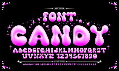 Glossy candy bubble font. Inflated alphabet, 3D pink ballon letters and numbers. Vector set	
