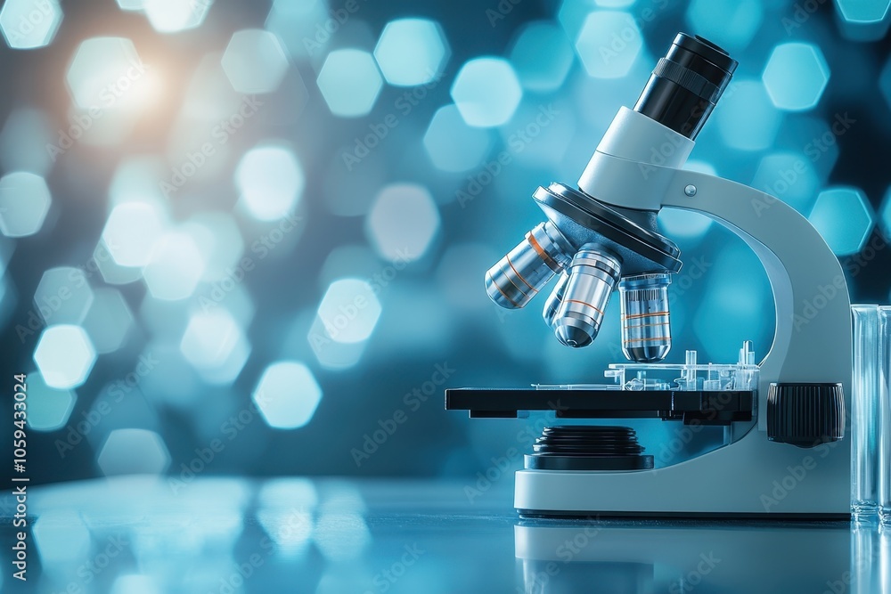 Poster microscope with slides illuminated against a blurred bokeh background in a laboratory setting