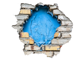 Exposed blue wall in a brick structure showcasing weathering effects, transparent