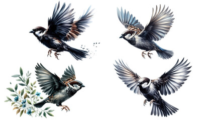 Fototapeta premium Four Sparrows in Flight.