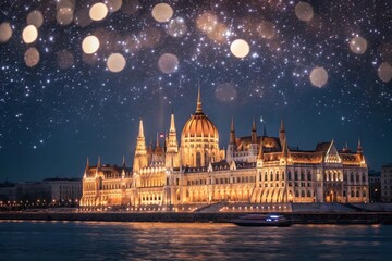 Obraz premium Stunning Night View of Budapest Parliament with Bokeh Effect for Captivating Cityscape Photography