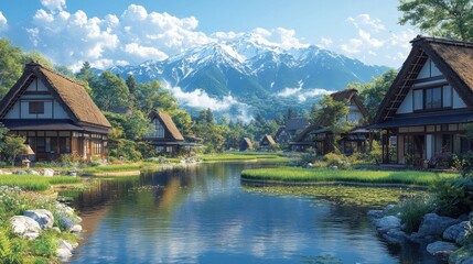 Fototapeta premium Serene Japanese Village by the Lake