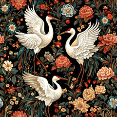 Elegant seamless vector pattern featuring graceful cranes among vibrant floral designs. intricate details and rich colors create harmonious and captivating visual experience