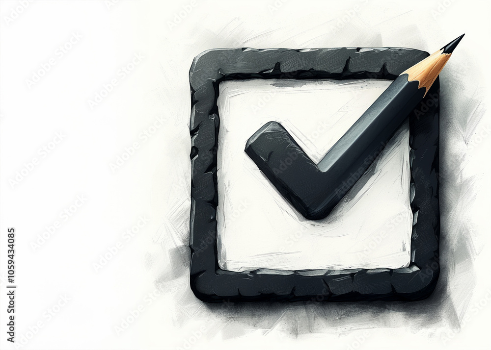 Poster a graphite pencil poised above a bold check mark inside a textured checkbox