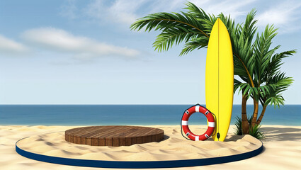 Beach setting with surfboard, lifebuoy, and palm near the sea.