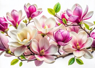 Fototapeta premium Stunning Panoramic View of Magnolia Flowers on White Background - Beautiful Floral Photography, High Resolution, Nature Aesthetics, Elegant Blooms, Fresh Spring Vibes, Decorative Floral Art