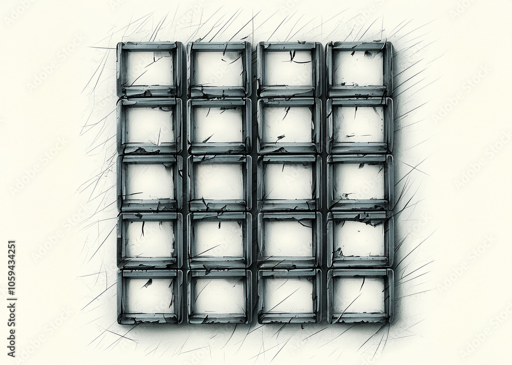 Poster abstract grid of weathered frames against a textured background in muted tones