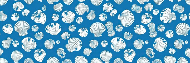 Blue and white seashell seamless pattern ideal for beach themed designs, seashell, underwater, aquatic