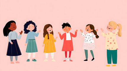 Diverse young girls happily interacting in colorful setting