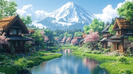 Naklejka premium Japanese Village Landscape