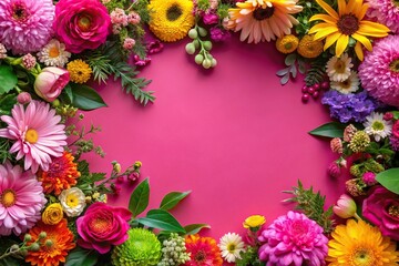 Obraz premium Bold pink background with an arrangement of colorful flowers and lush foliage, whimsical decor, lively arrangements