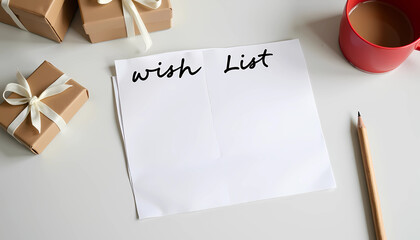 Handwritten wishlist note with gifts and coffee on table