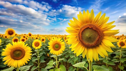 Bright yellow sunflower field with tall stalks stretching towards the sky, field, countryside