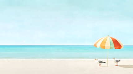 Beach scene with colorful umbrella and seagulls under clear sky