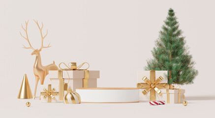 3D render, Christmas new year celebration scene with empty display podiums decorate with gift boxes, tree and luxury element on pastel background.