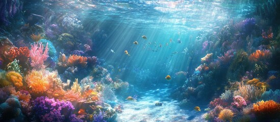 Obraz premium Vibrant coral reef with colorful fish and sunbeams shining through the water.