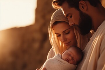 A loving moment of the holy family in soft evening light, showcasing tender care for their newborn © Natalia