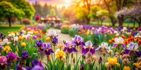 Obraz premium Stunning Tilt-Shift Photography of a Beautiful Watercolor Iris Garden in Spring, Lush Blooms, Vibrant Colors, Nature, Flora, Floral Art, Garden Landscape, Seasonal Beauty, Springtime Bliss