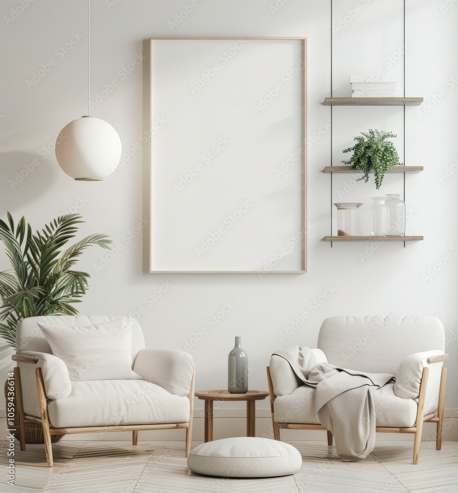 Wall mural Two comfortable armchairs with a coffee table in a minimalist living room with a white wall, a plant, and a frame