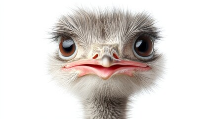 Curious young ostrich chick staring with big eyes on white background