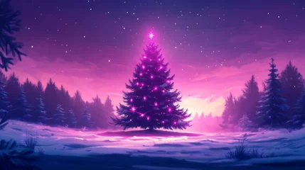  A winter wonderland landscape in neon shades of pink and violet, featuring a sparkling Christmas tree and glowing decorations © Катерина Спіжевска