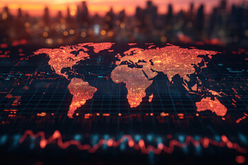 Glowing digital world map with city skyline at sunset