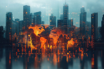 Double exposure of cityscape and world map with vibrant data overlay