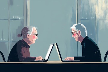 Older individuals typing on laptops, embracing technology in their everyday lives, learning, working, and staying engaged with modern tools and online platforms