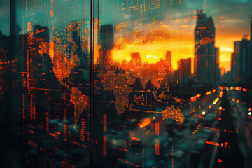Double exposure of city skyline with digital world map overlay