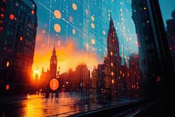 Double exposure of digital data overlay on cityscape at dusk - Powered by Adobe