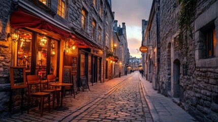 Fototapeta premium Charming cobblestone street in an old European town with warm lights and historic buildings