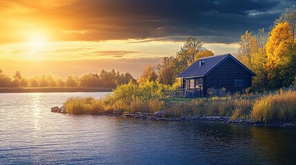 Fototapeta premium Serene Lakeside Escape: Rustic Cabin Embraced by Autumn Foliage at Golden Hour - Perfect for Tranquil Home Decor or Nature-Inspired Wall Art