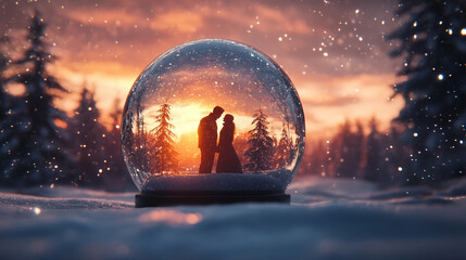Bola de nieve navideña con una pareja en el interior, un paisaje forestal al fondo, ilustración de renderizado 3D.