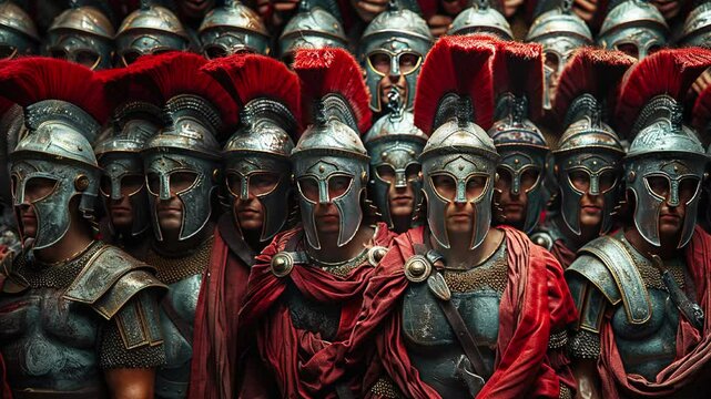 Slow motion Impressive scene of Trojan War soldiers poised for battle with gleaming armor and red plumes