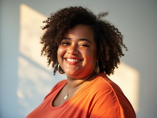 Fototapeta premium Radiant smiling woman in orange shirt with natural curly hair in sunlight
