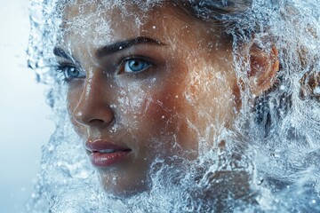 Young woman surrounded by water splashes while gazing intently at the camera in natural light