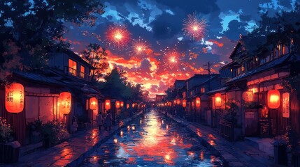 Japanese Street at Night with Fireworks