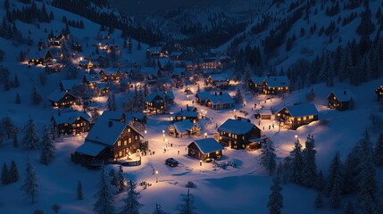 Naklejka premium A 3D winter village scene with cozy houses, glowing lights, and snow-covered rooftops.