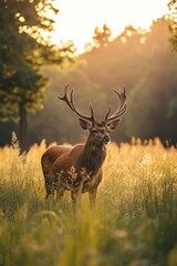 A deer stands in a field of tall grass. The deer is brown and has large antlers. The image has a peaceful and serene mood, as the deer is standing alone in the grass
