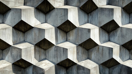 Abstract geometric pattern with black and white tones. Repeating triangular structure with sharp shadows. 3D concrete texture with angular relief. Modern architecture concept