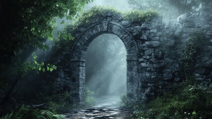 Mysterious stone archway in the dark forest.