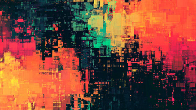 Abstract digital background with vibrant red, orange and green colors. Glitch effect pixelated distortion with grunge texture. Scattered pixel fragments on colorful gradient. Modern technology concept - Powered by Adobe