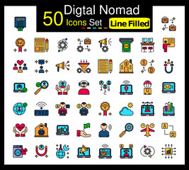 Set of 50 Digtal Nomad icons related to Atm Fees, B2B, B2C, Blogger Line Icon collection