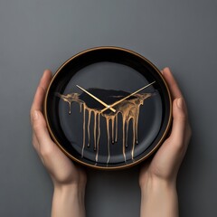 This unique clock, featuring hands that appear to melt, elegantly conveys the surreal concept of time slipping away as it is cradled. Generative AI