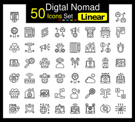 Set of 50 Digtal Nomad icons related to Atm Fees, B2B, B2C, Blogger Line Icon collection