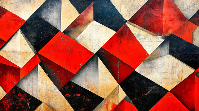 Abstract geometric background with red, black and beige triangles. Constructivist pattern with vintage worn effect. Grunge retro texture. Modern suprematism concept