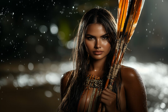 Dangerous Amazon girl a warrior with a spear on a jungle background.