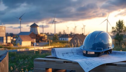 Obraz premium Blueprints and a helmet resting on a wooden pallet showcasing a moment in construction preparation and planning.